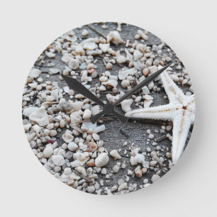 Nautical White Starfish Grey Beach Sand Round Clock