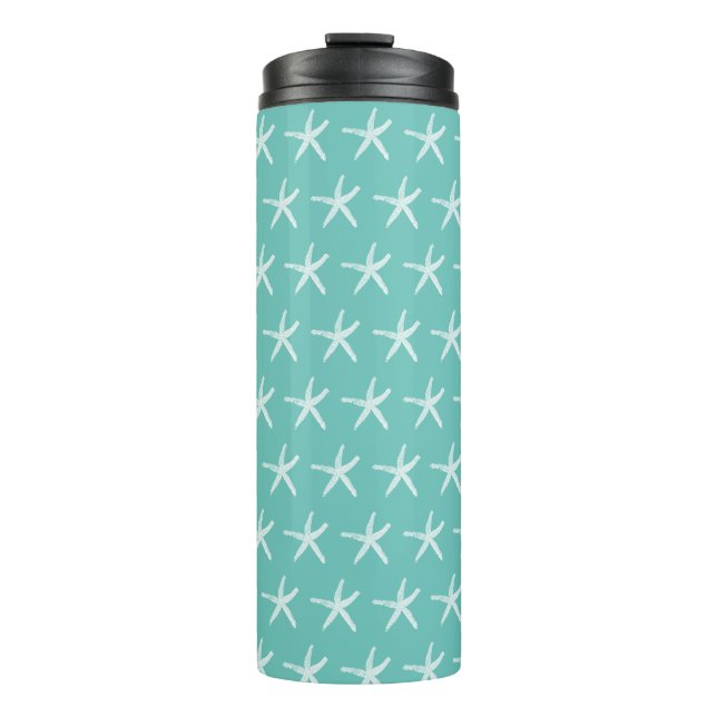 Nautical White Starfish Patterns Beach Teal Blue Thermal Tumbler (Front)