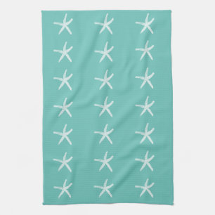 Nautical White Starfish Patterns Teal Blue Beach Tea Towel