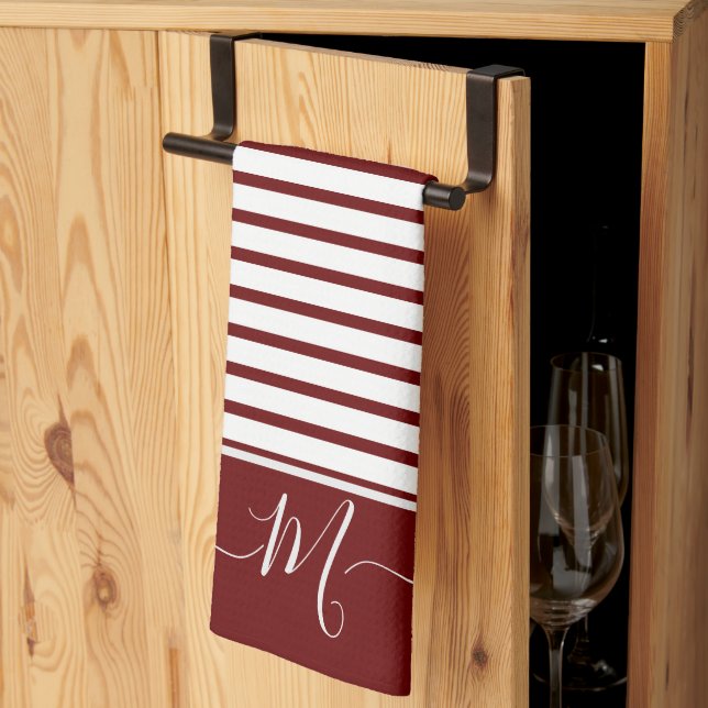 Nautical  white Striped Monogram initial  Kitchen  Tea Towel (Thirds Fold)