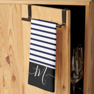Nautical  white Striped Monogram initial  Kitchen  Tea Towel