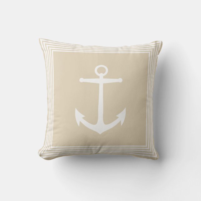 Nautical White Stripes Anchor & Sandy Taupe Cushion (Front)