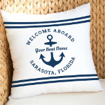 Nautical White Welcome Aboard Boat Name Anchor Cushion<br><div class="desc">Nautical "Welcome Aboard" boat pillow design features a simple, stylish white and navy blue coastal style design with boat anchor accent. Personalise the custom text with the name of your boat along with her location city and state. Makes a great boating themed gift for boat owners. Two-sided pillow features the...</div>