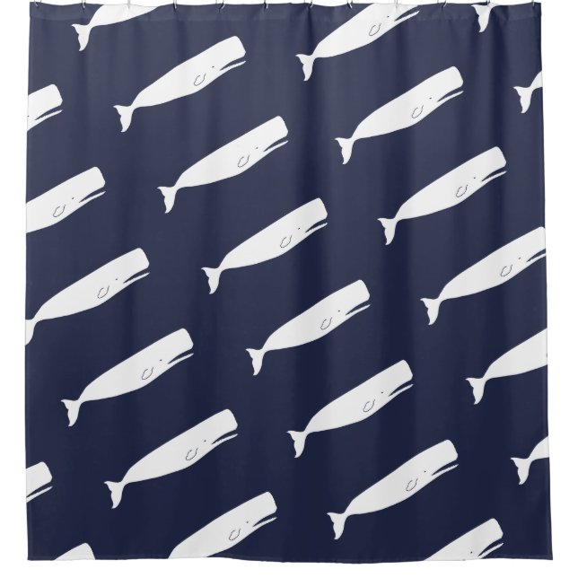 Nautical White Whales & Navy Shower Curtain (Front)