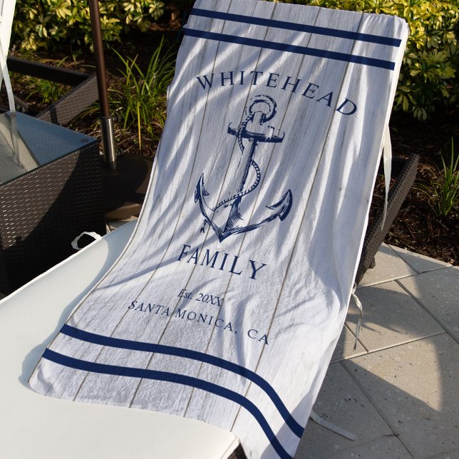 Nautical White Wood Custom Family Anchor Beach Towel (Nautical anchor custom family vacation towel. Personalize each towel with your details.)