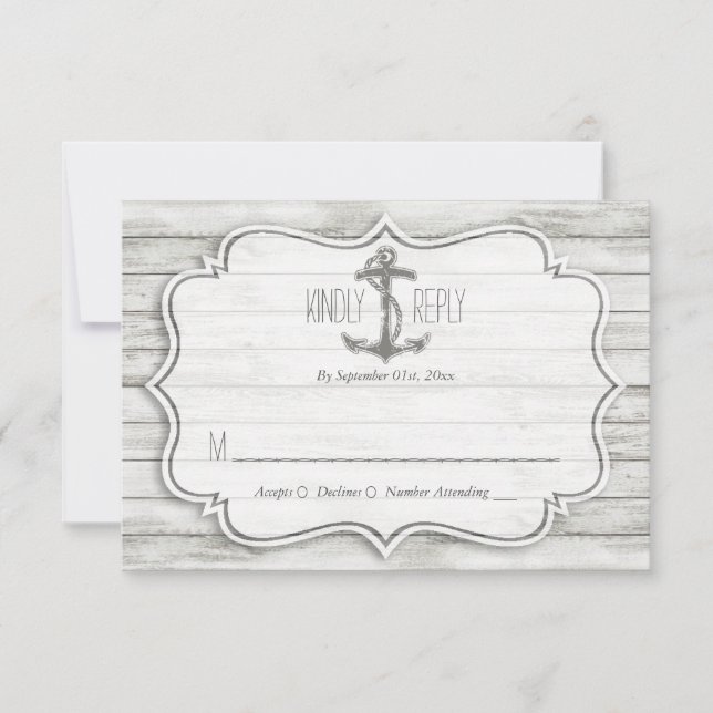 Nautical Whitewashed Wood Beach Wedding Collection RSVP Card (Front)