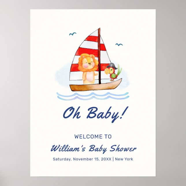Nautical Wild Lion Sailboat Baby Shower Welcome  Poster (Front)