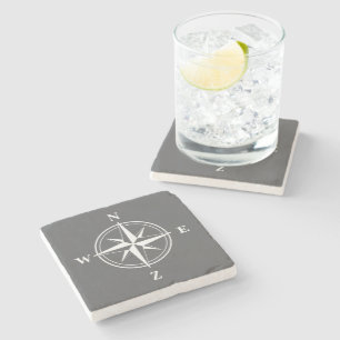 Nautical wind rose compass star icon grey marble stone coaster