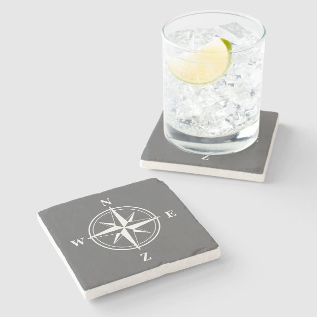 Nautical wind rose compass star icon grey marble stone coaster (Side)