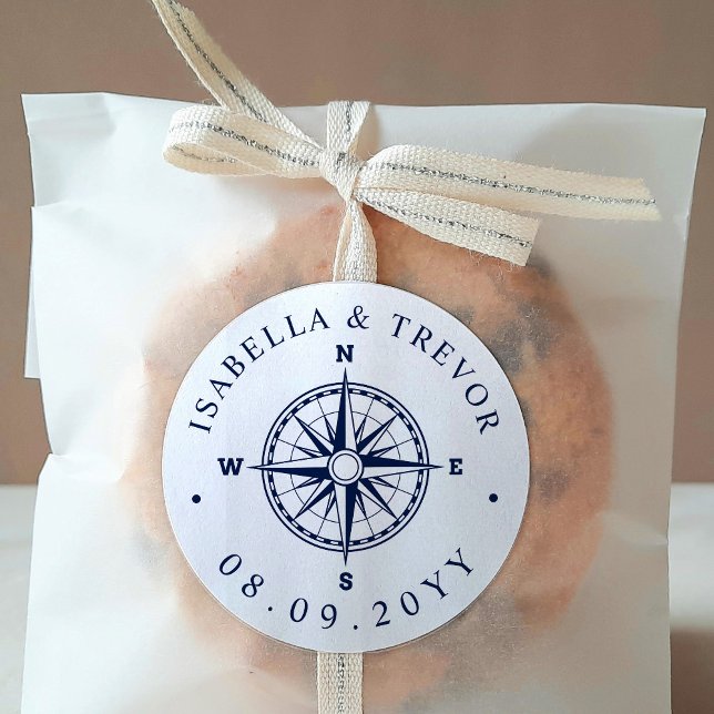 Nautical Wind Rose Compass White | Navy Date Classic Round Sticker (Creator Uploaded)