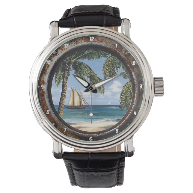 Nautical Window Rustic Tropical Sailboat Watch (Front)