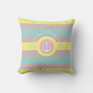 nautical with anchor, yellow, blue & pink striped cushion