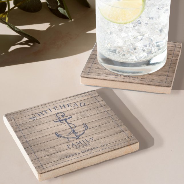 Nautical Wood Anchor Family Monogram Stone Coaster (Elevate your dining experience with our Stone Coaster with Rustic Wood Anchor Design)