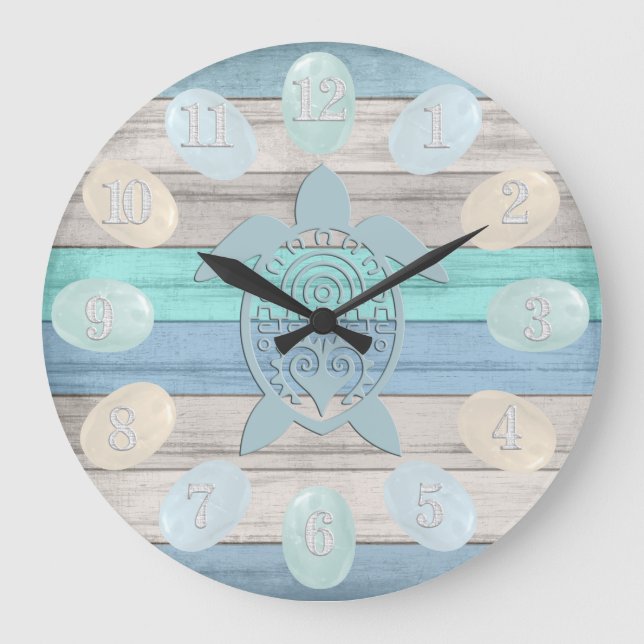 Nautical Wood Stripes, Sea Glass, Turtle  Large Clock (Front)