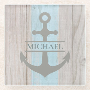Nautical Wooden Boat Beach Anchor Name Glass Coaster