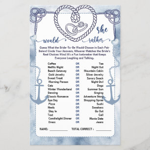 Nautical Would She Rather Game Bridal Shower card