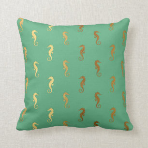 Nautical Yacht Club Mint Green Golden Seahorses Cushion