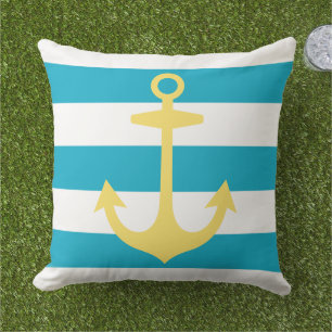 Nautical Yellow Anchor with Caribbean Blue Stripes Outdoor Cushion