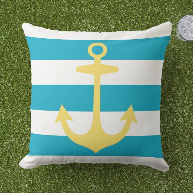 Nautical Yellow Anchor with Caribbean Blue Stripes Outdoor Cushion (Grass)