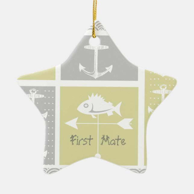 Nautical Yellow and Grey Anchor Fish Weather Vane Ceramic Ornament (Front)