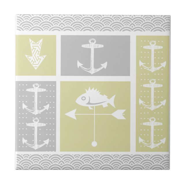 Nautical Yellow and Grey Anchor Fish Weather Vane Ceramic Tile (Front)