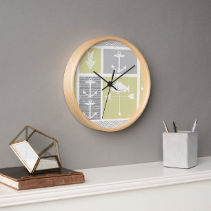 Nautical Yellow and Grey Anchor Fish Weather Vane Wall Clock
