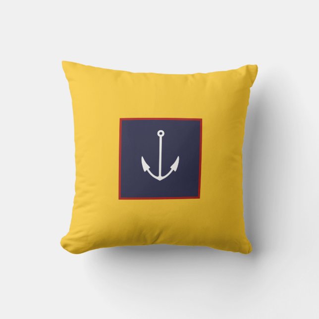 Nautical Yellow Navy Blue Anchor Throw Pillow (Front)