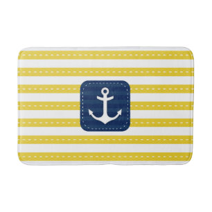 Nautical Yellow Stripes Navy Blue Banner Anchor Bath Mat