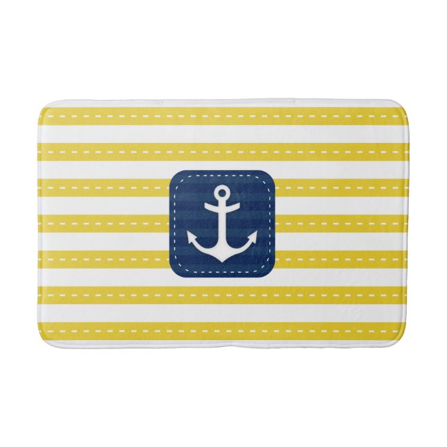 Nautical Yellow Stripes Navy Blue Banner Anchor Bath Mat (Front)