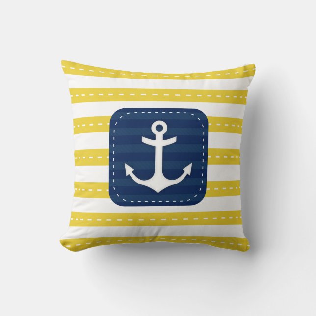 Nautical Yellow Stripes Navy Blue Banner  Anchor Cushion (Front)