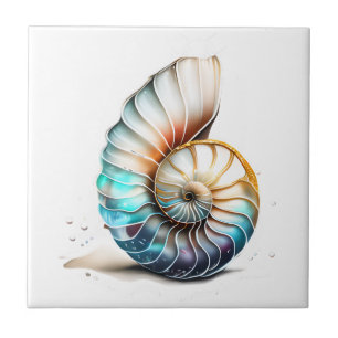 Nautilus 3D iridescent mother pearl beach shell  Ceramic Tile