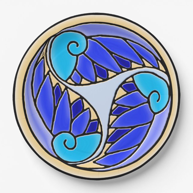 Nautilus and Palm Leaves - 3 Blues, Yellow, Black Paper Plate (Front)