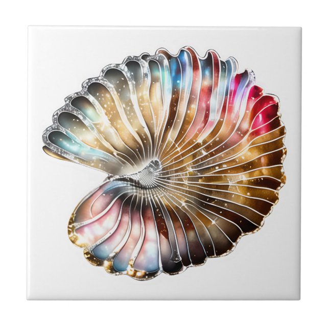 Nautilus beach shell iridescent mother of pearl  ceramic tile (Front)