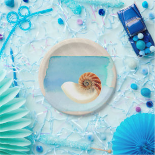 Nautilus Seashell and Sand Paper Plate