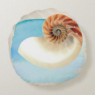 Nautilus Seashell and Sand  Round Cushion
