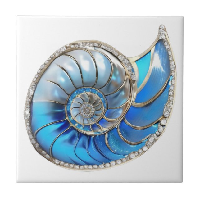 Nautilus seashell ocean blue 3D diamond shimmer Ceramic Tile (Front)