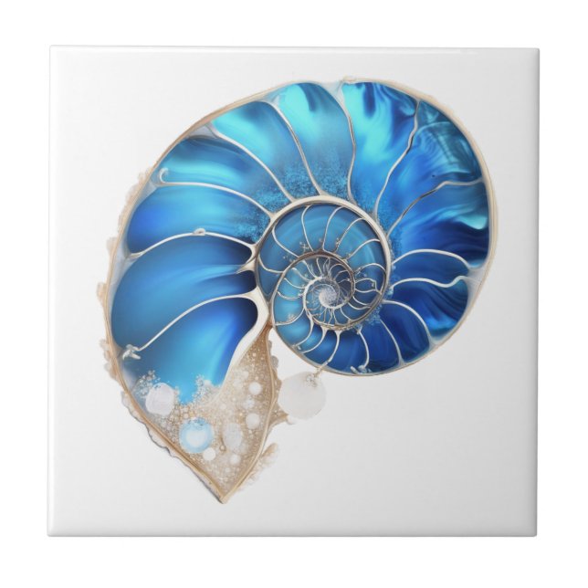 Nautilus seashell ocean blue 3D shimmer beach Ceramic Tile (Front)