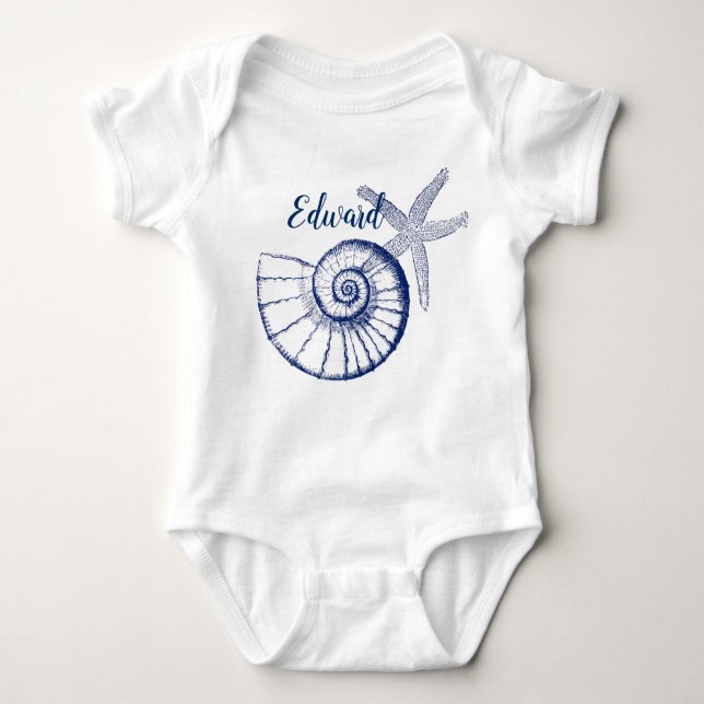 Nautilus Seashell & Starfish Marine Life Custom Baby Bodysuit (Front)