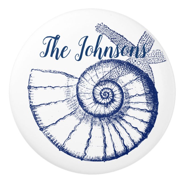 Nautilus Seashell & Starfish Marine Life Custom Ceramic Knob (Front)