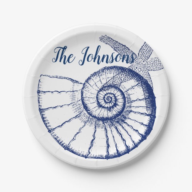Nautilus Seashell & Starfish Marine Life Custom Paper Plate (Front)