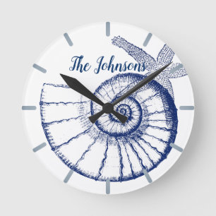 Nautilus Seashell & Starfish Marine Life Custom Round Clock