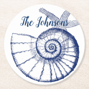 Nautilus Seashell & Starfish Marine Life Custom Round Paper Coaster