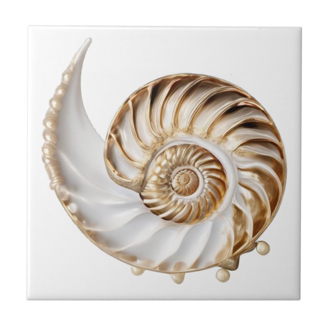 Nautilus shell 3D pearl gold lustre ocean nautical Ceramic Tile (Front)