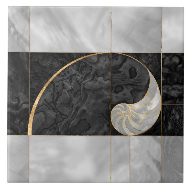 Nautilus Shell - Black Abalone and Pearl Ceramic Tile (Front)