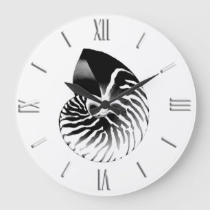 Nautilus shell - black, grey and white large clock