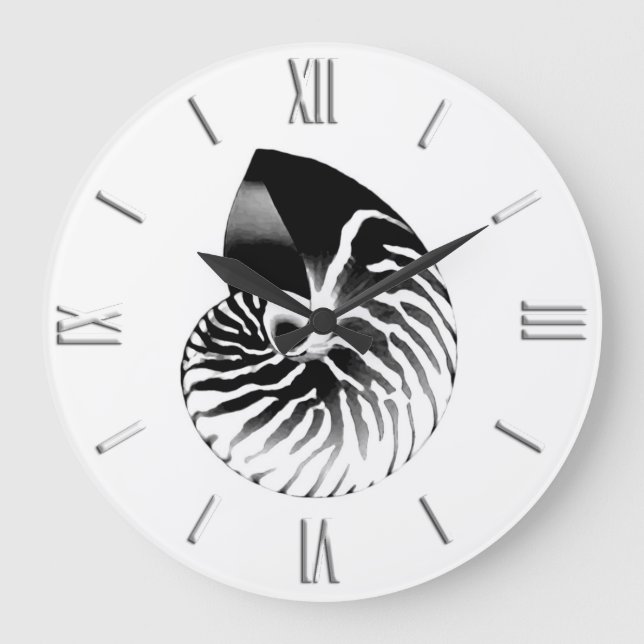 Nautilus shell - black, grey and white large clock (Front)
