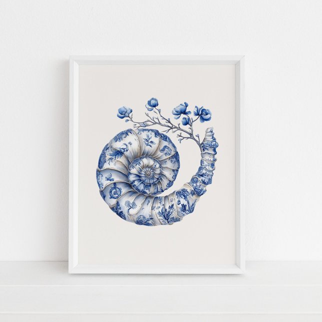 Nautilus Shell – Coastal Blue on Beige Wall Art (Nautilus Shell – Coastal Blue on Beige Wall Art in a white frame on the floor)