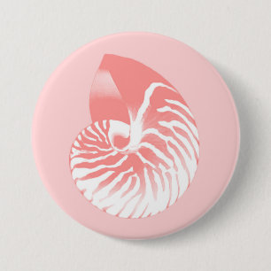 Nautilus shell - coral pink and white 7.5 cm round badge