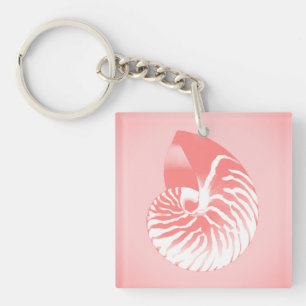 Nautilus shell - coral pink and white key ring