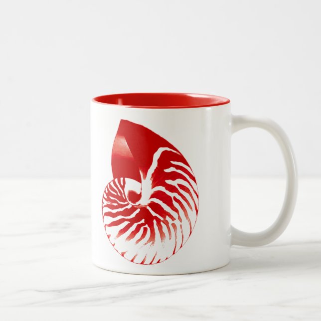 Nautilus shell - dark red and white Two-Tone coffee mug (Right)
